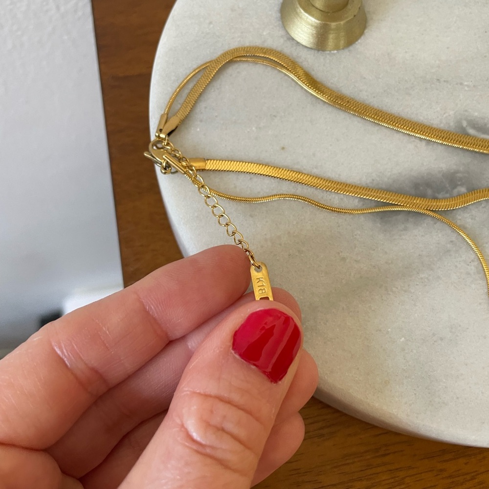 NEW 14K Gold Plated Double Layer Flat Herringbone & Thin Snake Chain Necklace - Picture 10 of 12